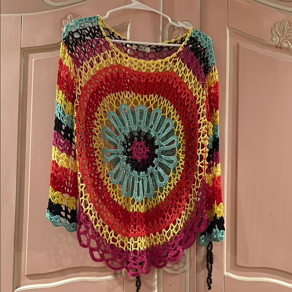 R & F NWT Adorable Colorful Crochet Sweater/Cover up! So fun Size M